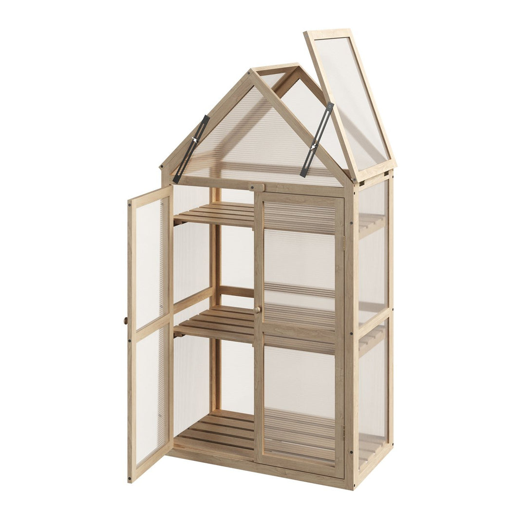 Wood Frame Mini Greenhouse 52 In Indoor Outdoor Polycarbonate Panels Adjustable Shelves Image 1