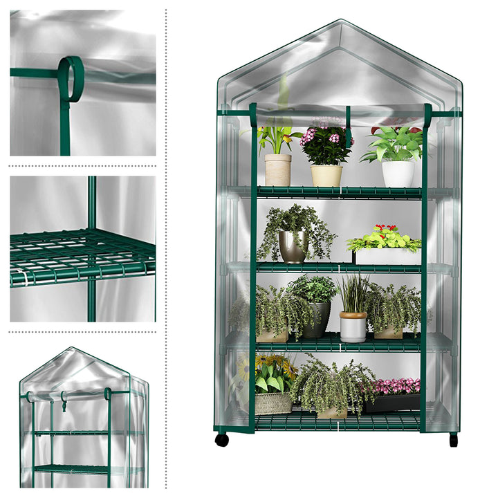 Green House Locking Wheels 4 Shelves w Cover Indoor Outdoor Portable Greenhouse Image 3