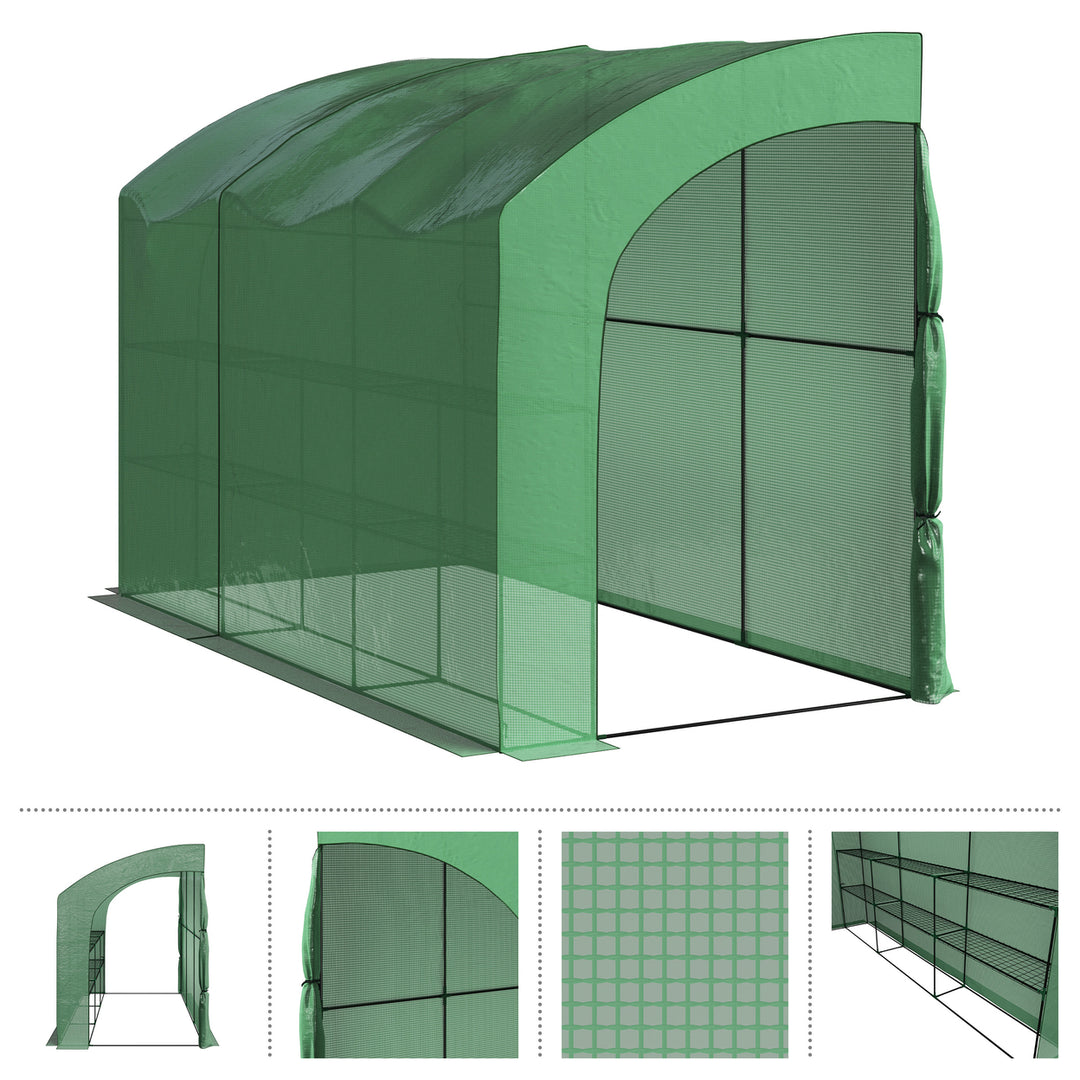 Lean To Greenhouse 10ft x 5ft x 7ft Green House with Doors and 6 Shelves, Green Image 3
