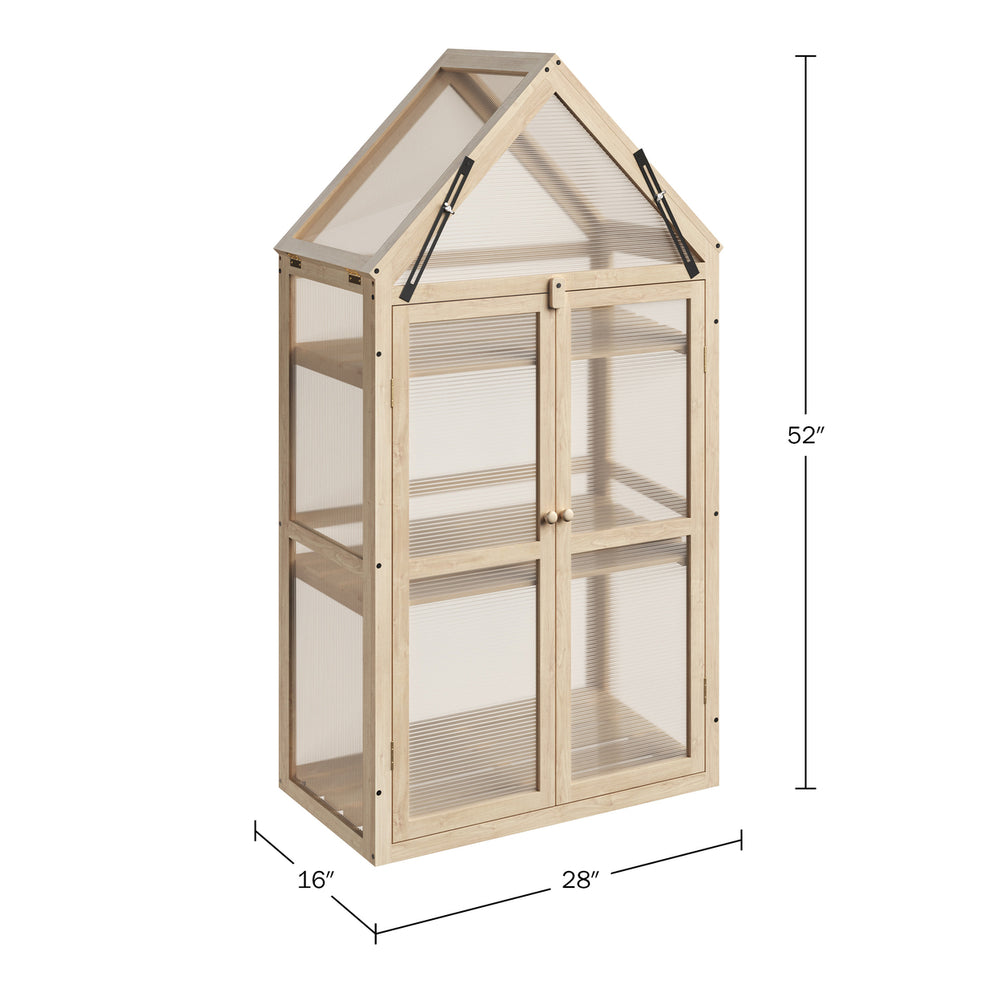 Wood Frame Mini Greenhouse 52 In Indoor Outdoor Polycarbonate Panels Adjustable Shelves Image 2