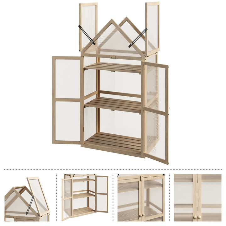 Wood Frame Mini Greenhouse 52 In Indoor Outdoor Polycarbonate Panels Adjustable Shelves Image 3