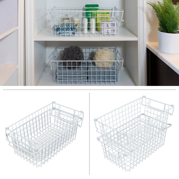 White Metal Wire Storage Bins Set of 2 Medium Organizers for Kitchen Bathroom Image 3