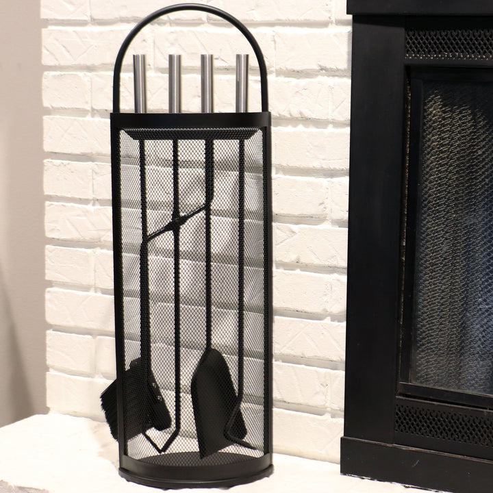 Sunnydaze 4-Piece Fireplace Tool Set with Mesh Shroud Holder Image 2