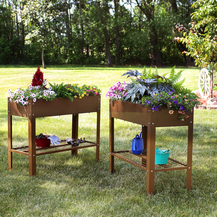 Sunnydaze Galvanized Steel Raised Bed with Mesh Shelf - Brown - Set of 2 Image 4