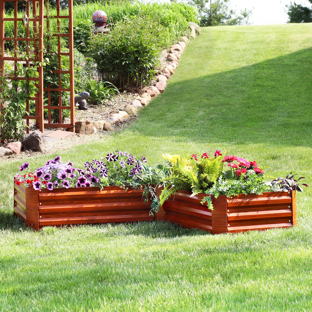 Sunnydaze Galvanized Steel L-Shaped Raised Garden Bed - 59.5 in - Woodgrain Image 2