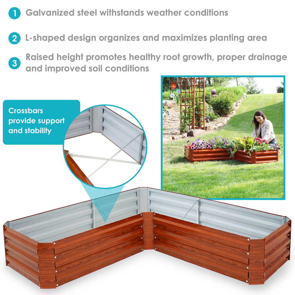 Sunnydaze Galvanized Steel L-Shaped Raised Garden Bed - 59.5 in - Woodgrain Image 2