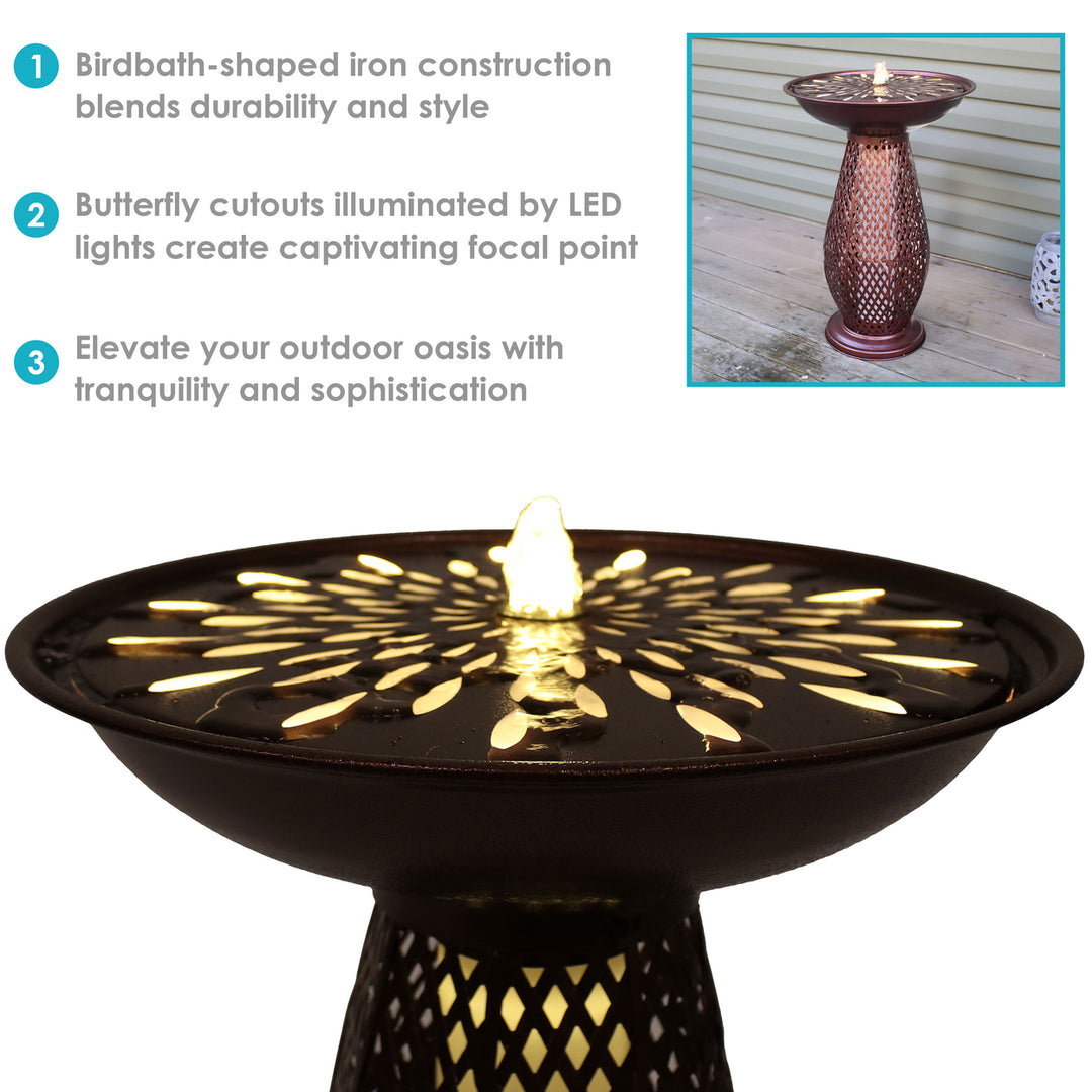 Sunnydaze Iron Crosshatch Bird Bath Water Fountain with LED Lights Image 2