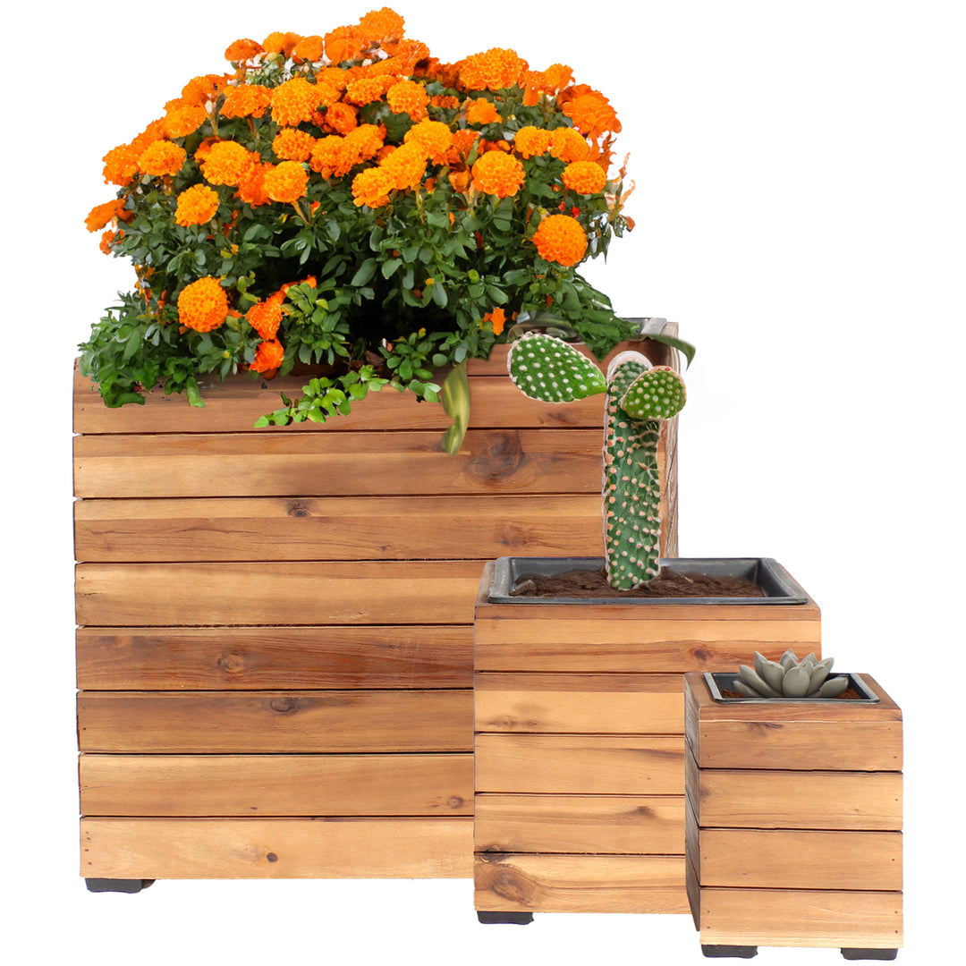 Sunnydaze 3-Piece Square Wood Planter Box with Liner - Light Brown Image 5