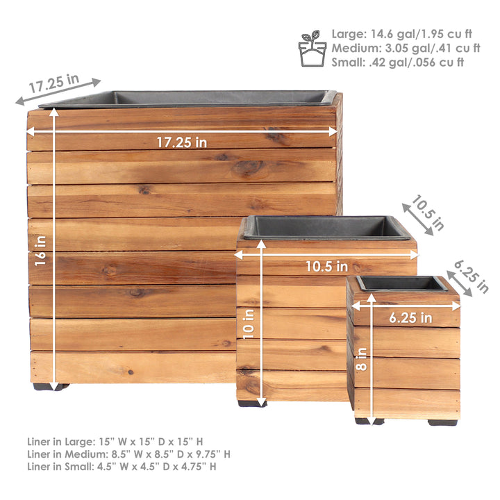 Sunnydaze 3-Piece Square Wood Planter Box with Liner - Light Brown Image 3