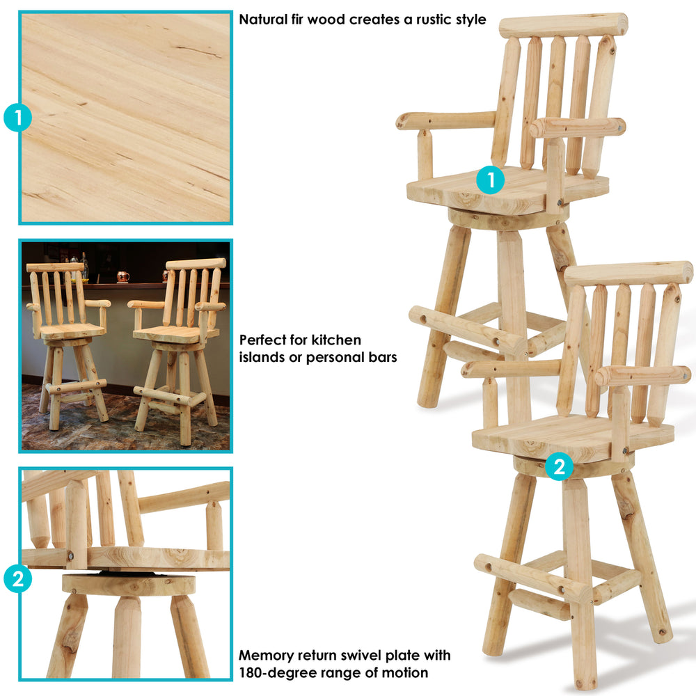 Sunnydaze Rustic Log Style Unfinished Fir Wood Indoor Bar Stool - Set of 2 Image 2