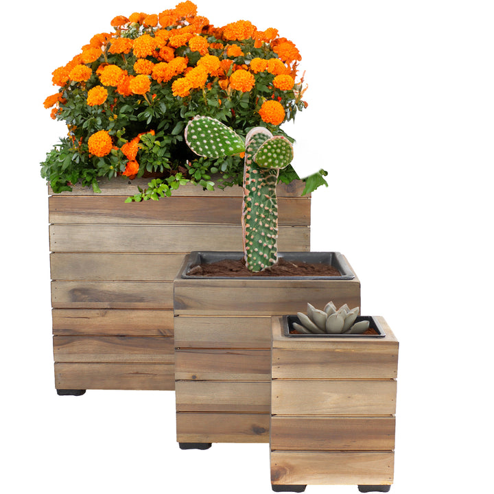 Sunnydaze 3-Piece Square Wood Planter Box with Liner - Anthracite Image 5