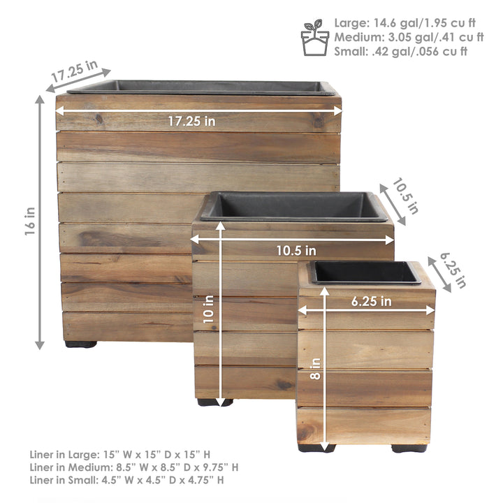 Sunnydaze 3-Piece Square Wood Planter Box with Liner - Anthracite Image 3