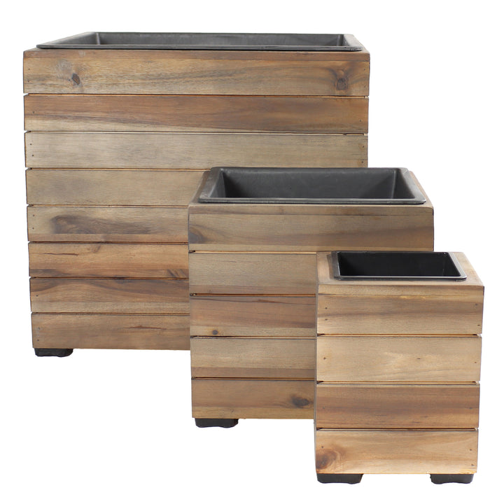 Sunnydaze 3-Piece Square Wood Planter Box with Liner - Anthracite Image 1