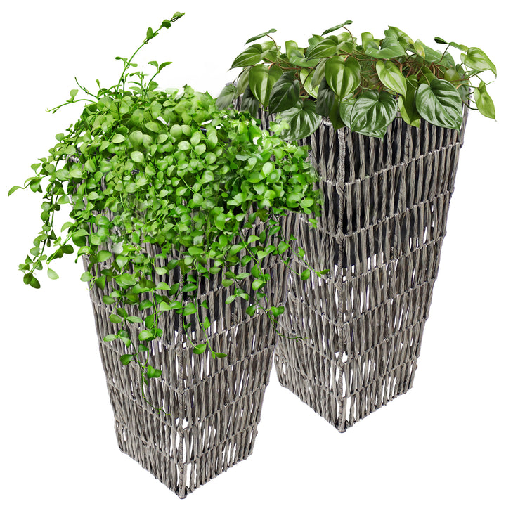 Sunnydaze 11 in Hyacinth Poly-Wicker Planter - Fog - Set of 2 Image 5