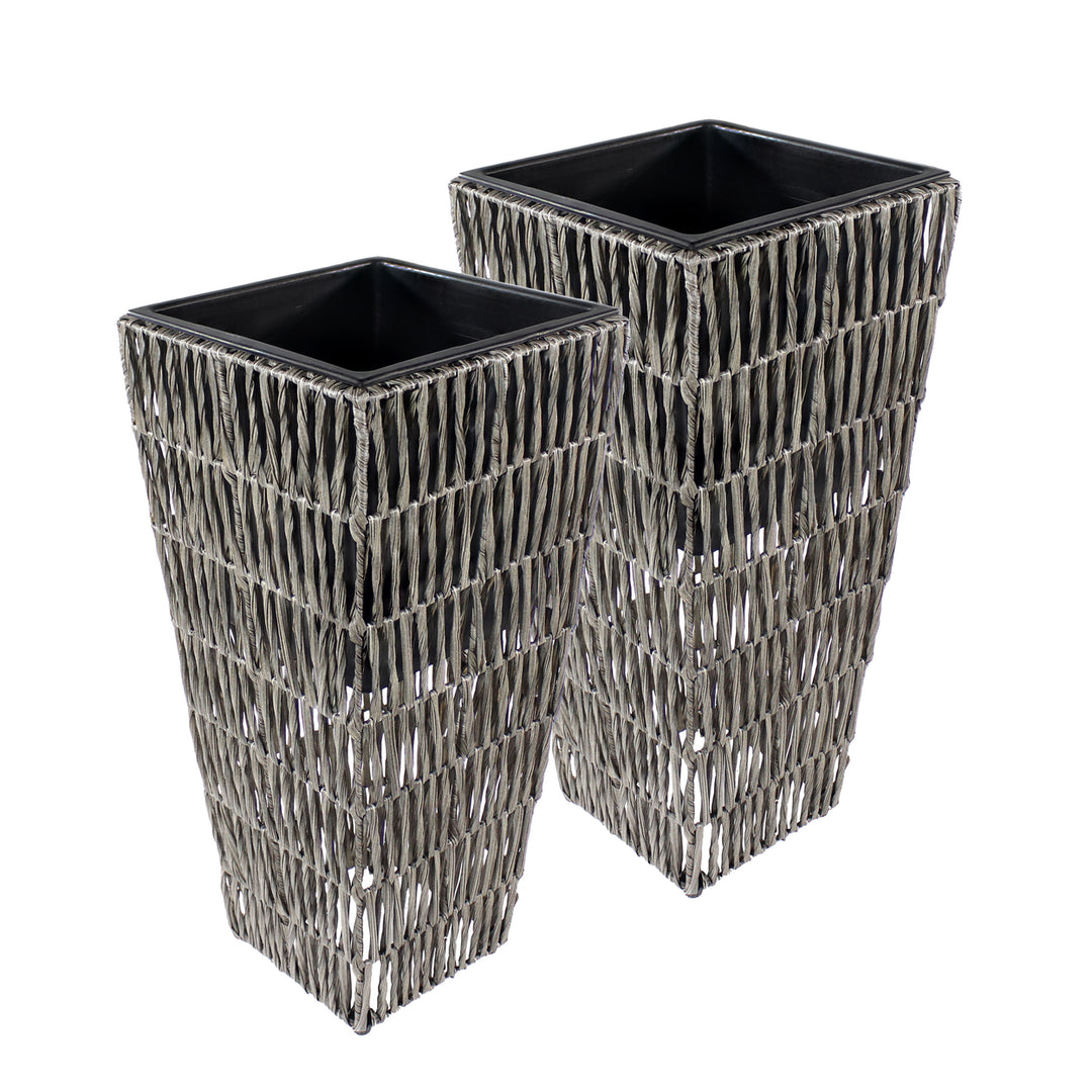 Sunnydaze 11 in Hyacinth Poly-Wicker Planter - Fog - Set of 2 Image 1