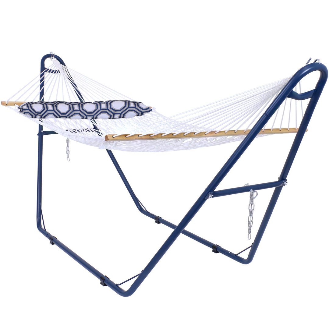 Sunnydaze 2-Person Rope Hammock with Blue Steel Stand and Pillow - Natural Image 1