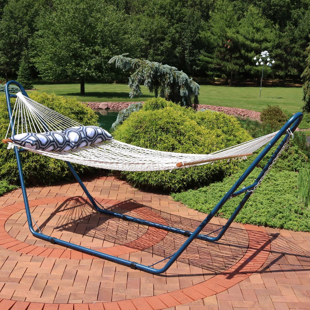 Sunnydaze 2-Person Rope Hammock with Blue Steel Stand and Pillow - Natural Image 2