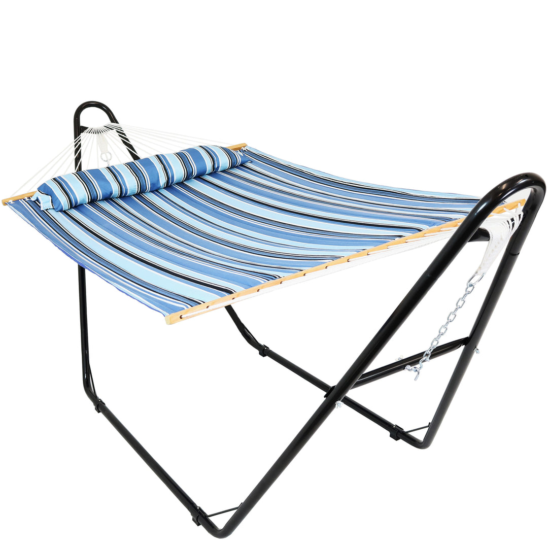 Sunnydaze 2-Person Quilted Hammock with Universal Steel Stand - Misty Beach Image 1