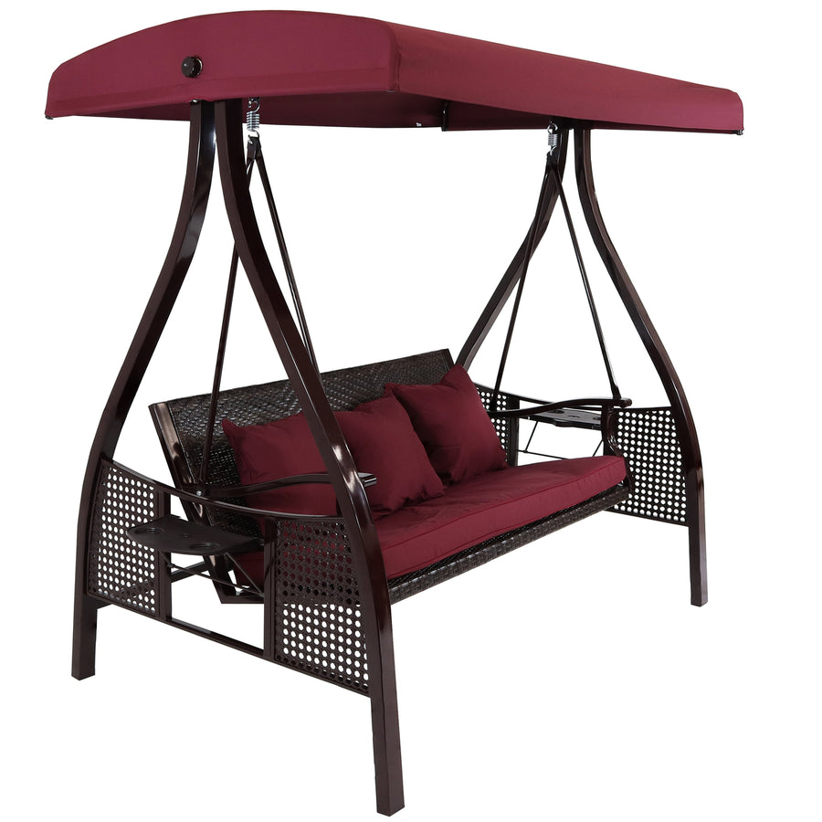 Sunnydaze 3-Person Steel Patio Swing Bench with Side Tables/Canopy - Merlot Image 1