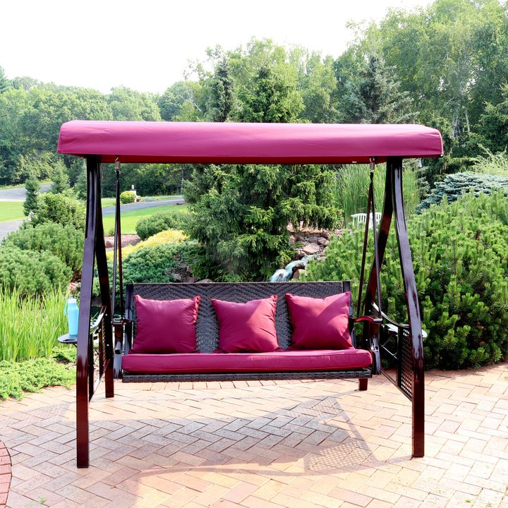 Sunnydaze 3-Person Steel Patio Swing Bench with Side Tables/Canopy - Merlot Image 2