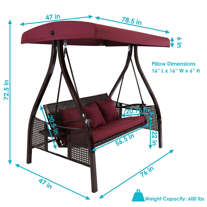 Sunnydaze 3-Person Steel Patio Swing Bench with Side Tables/Canopy - Merlot Image 3