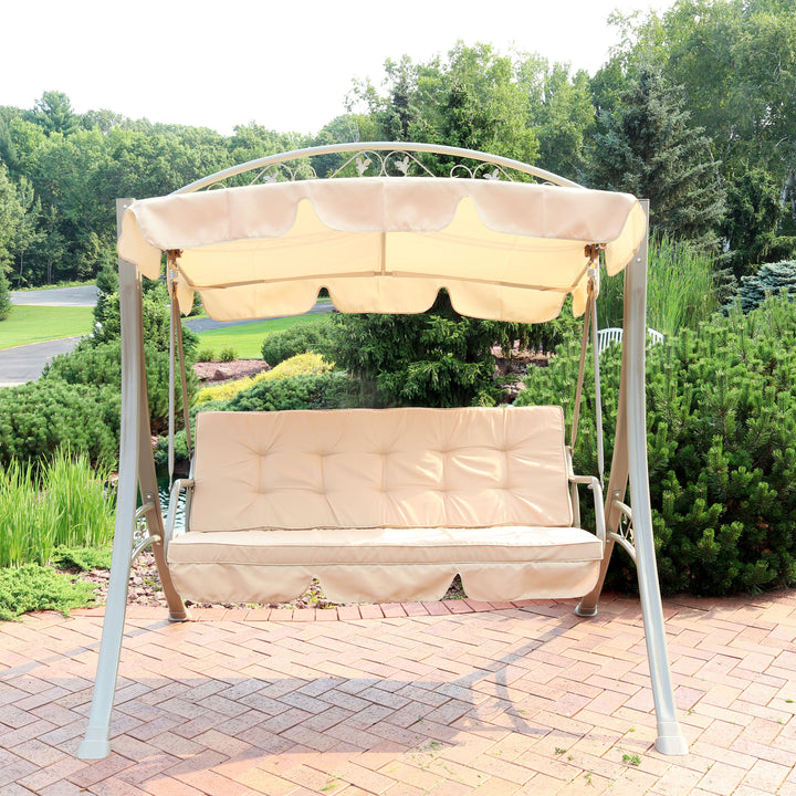 Sunnydaze 3-Person Steel Patio Swing Bench with Canopy/Cushion - Beige Image 2