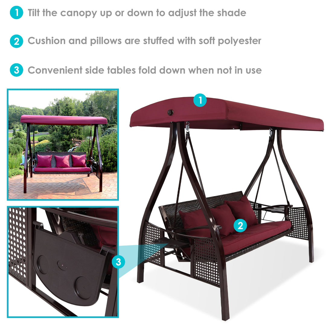 Sunnydaze 3-Person Steel Patio Swing Bench with Side Tables/Canopy - Merlot Image 4