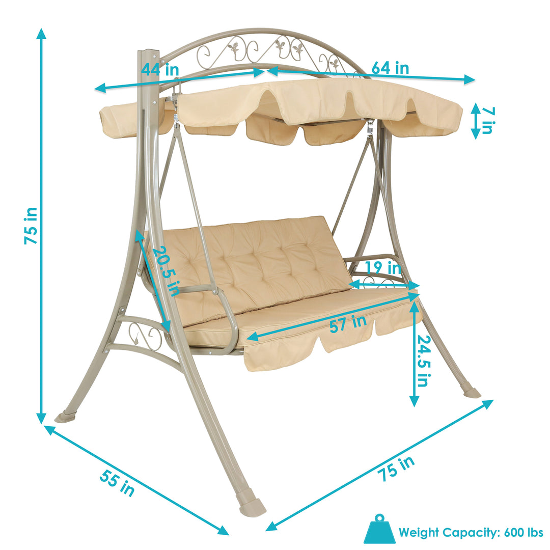 Sunnydaze 3-Person Steel Patio Swing Bench with Canopy/Cushion - Beige Image 3