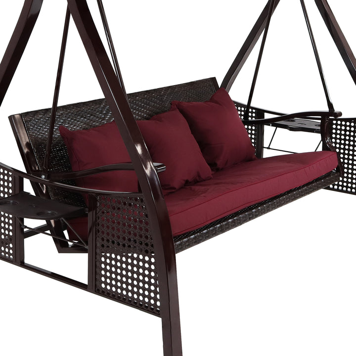 Sunnydaze 3-Person Steel Patio Swing Bench with Side Tables/Canopy - Merlot Image 5