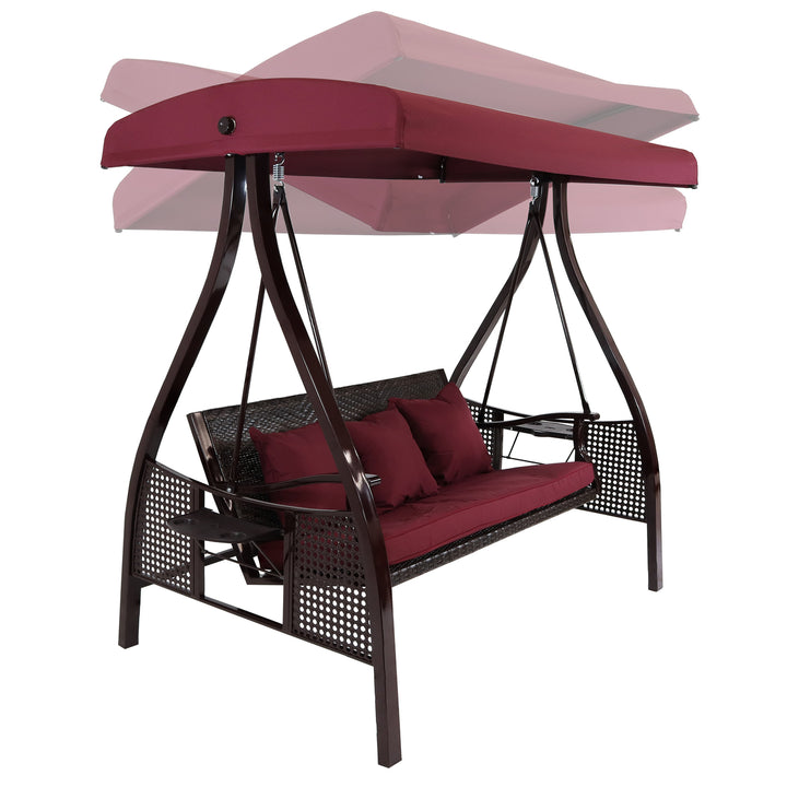 Sunnydaze 3-Person Steel Patio Swing Bench with Side Tables/Canopy - Merlot Image 8