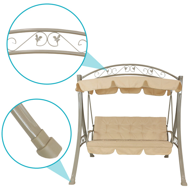 Sunnydaze 3-Person Steel Patio Swing Bench with Canopy/Cushion - Beige Image 6