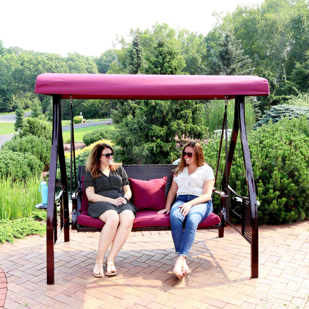 Sunnydaze 3-Person Steel Patio Swing Bench with Side Tables/Canopy - Merlot Image 9