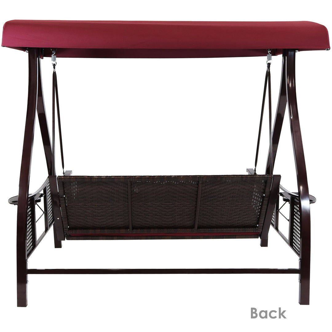 Sunnydaze 3-Person Steel Patio Swing Bench with Side Tables/Canopy - Merlot Image 10