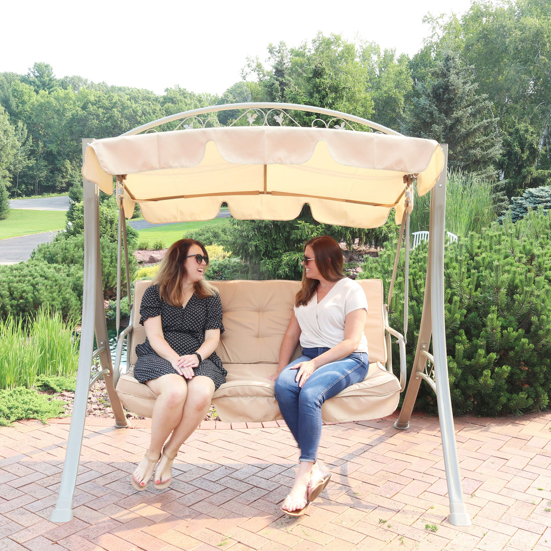 Sunnydaze 3-Person Steel Patio Swing Bench with Canopy/Cushion - Beige Image 9