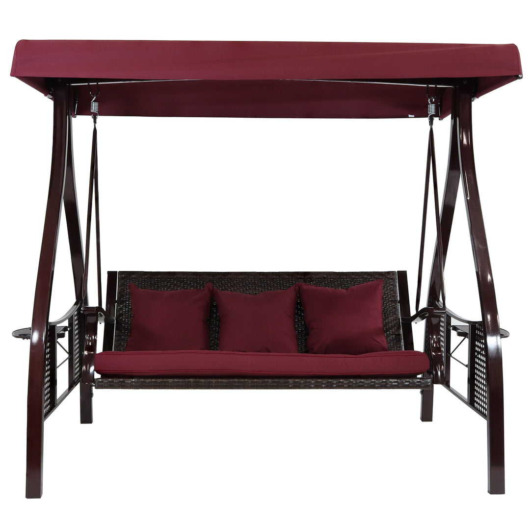 Sunnydaze 3-Person Steel Patio Swing Bench with Side Tables/Canopy - Merlot Image 11