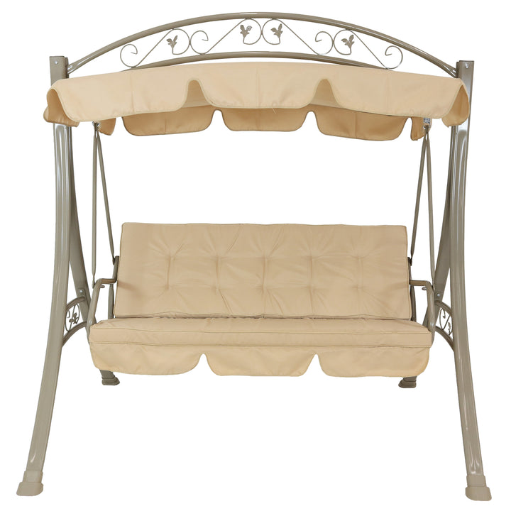 Sunnydaze 3-Person Steel Patio Swing Bench with Canopy/Cushion - Beige Image 11