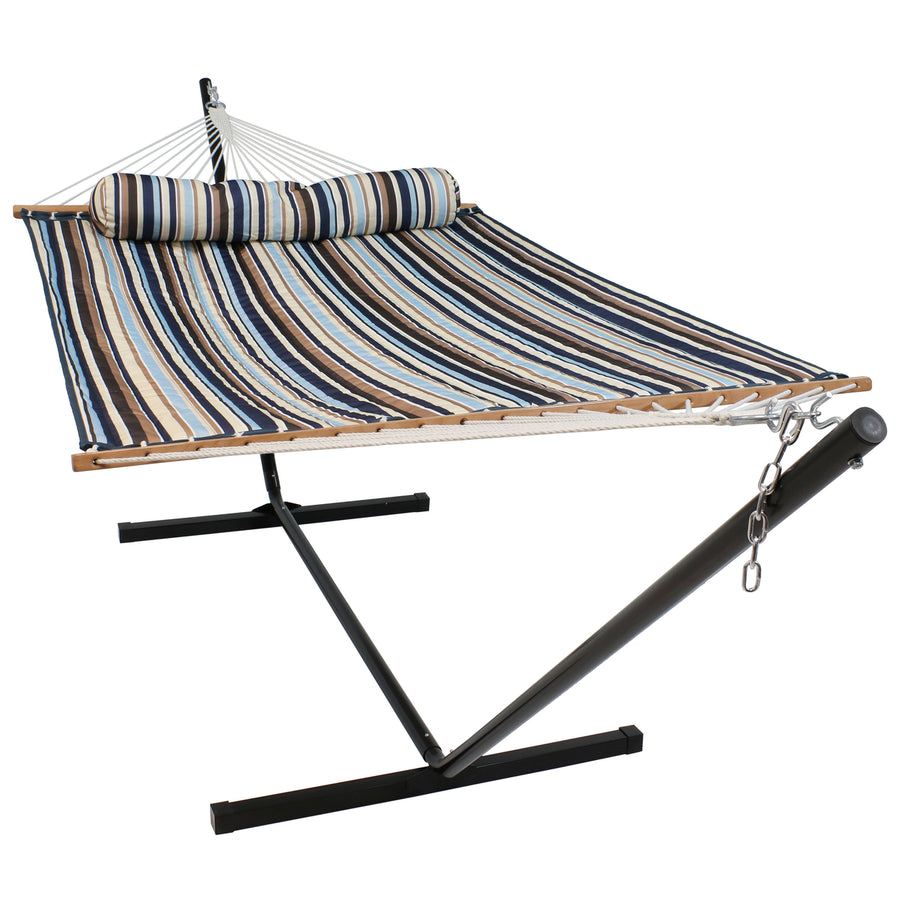 Sunnydaze Large Quilted Fabric Hammock with Steel Stand and Pillow - Ocean Image 1