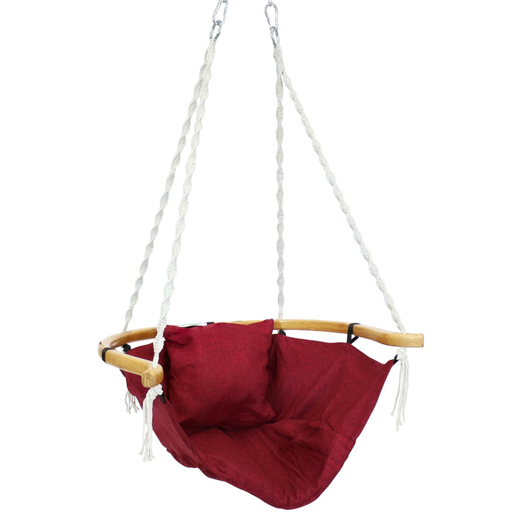 Sunnydaze Fabric Hammock Chair with Wood Armrest and Steel Stand - Red Image 5