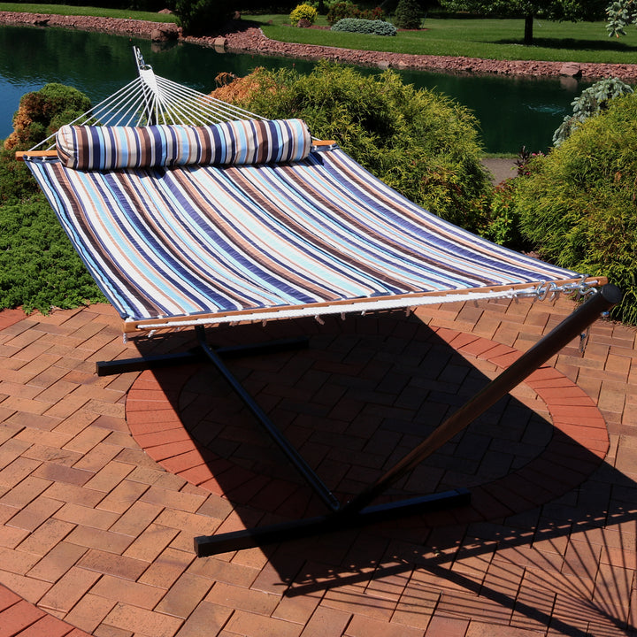 Sunnydaze Large Quilted Fabric Hammock with Steel Stand and Pillow - Ocean Image 4