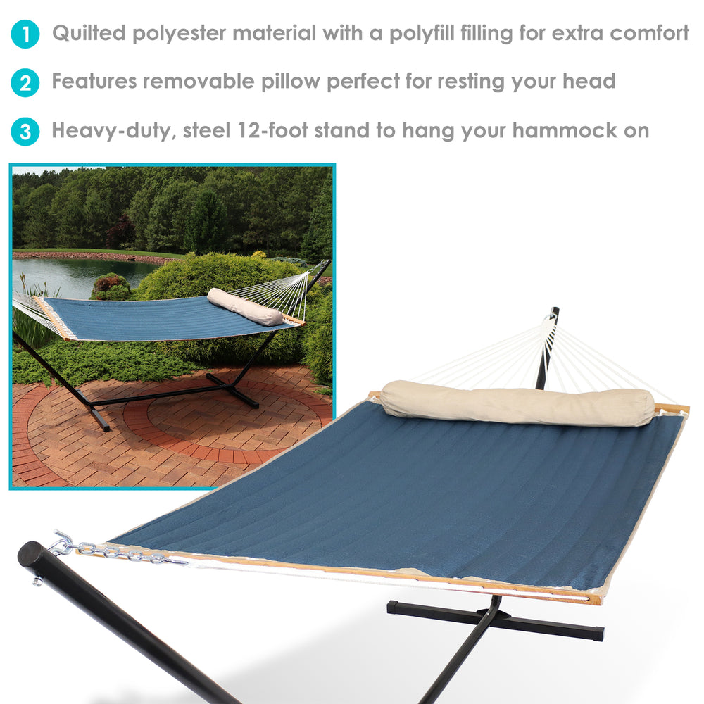 Sunnydaze 2-Person Quilted Fabric Hammock with Steel Stand - Tidal Wave Image 2