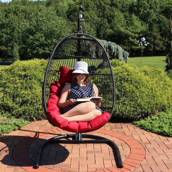 Sunnydaze Resin Wicker Hanging Egg Chair with Steel Stand/Cushions - Red Image 8