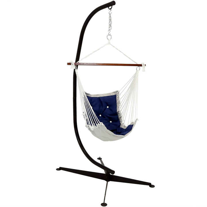 Sunnydaze Polyester Victorian Hammock Chair with Steel C-Stand - Navy Blue Image 1