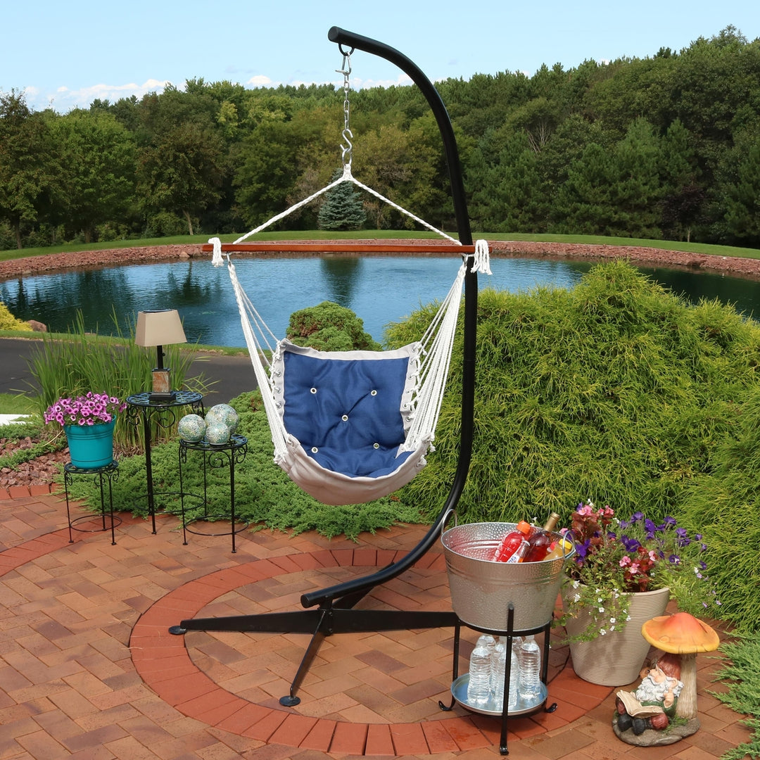 Sunnydaze Polyester Victorian Hammock Chair with Steel C-Stand - Navy Blue Image 2