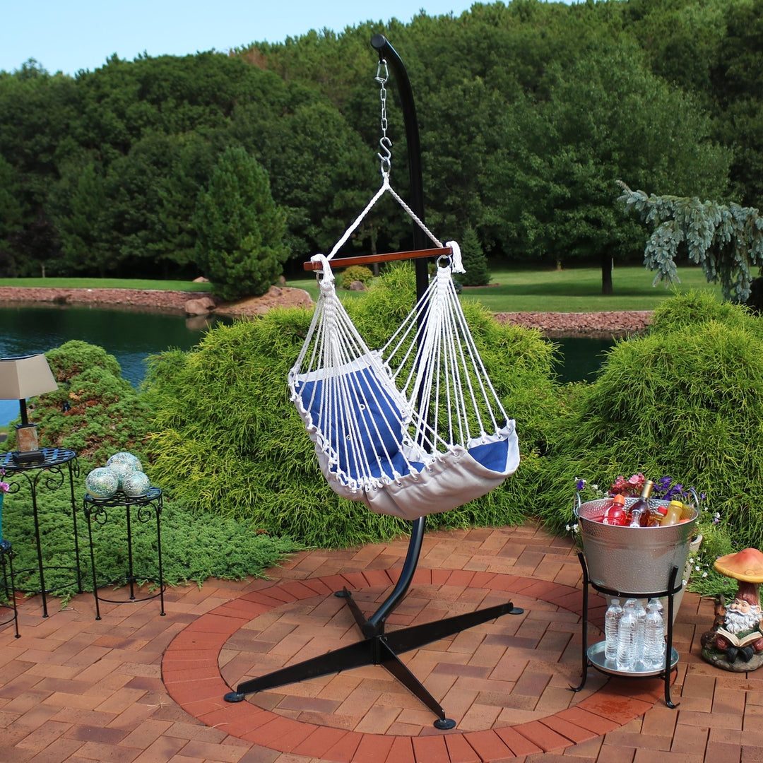 Sunnydaze Polyester Victorian Hammock Chair with Steel C-Stand - Navy Blue Image 3