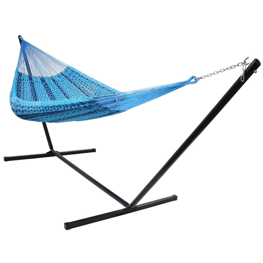 Sunnydaze 2-Person Woven Cotton/Nylon Hammock with Steel Stand - Blue Image 1