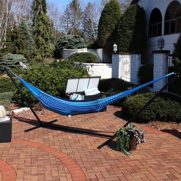 Sunnydaze 2-Person Woven Cotton/Nylon Hammock with Steel Stand - Blue Image 4