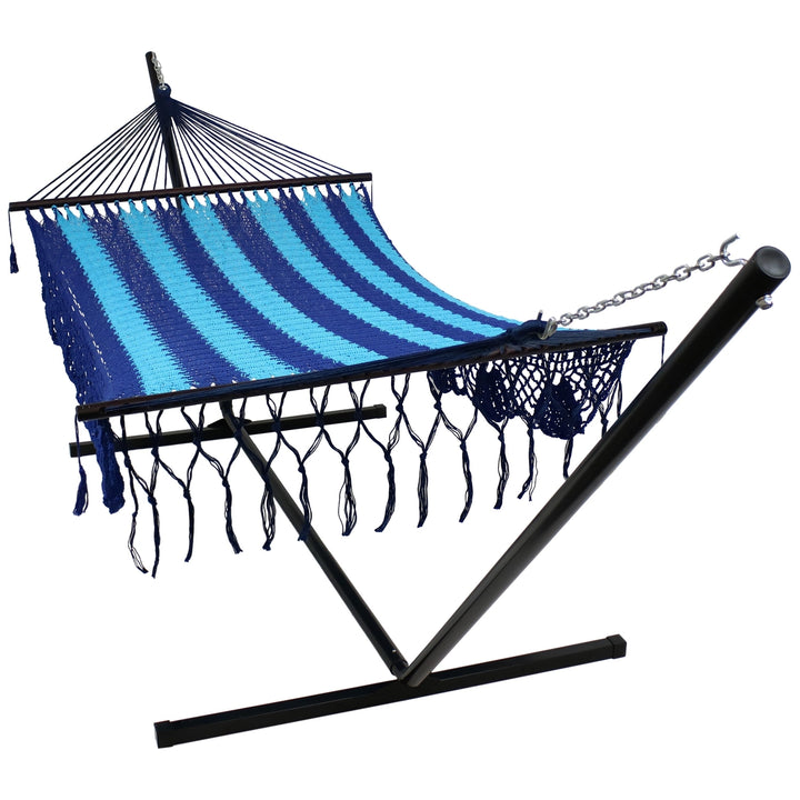 Sunnydaze 2-Person Cotton/Nylon Hammock with Steel Stand and Fringe - Blue Image 1