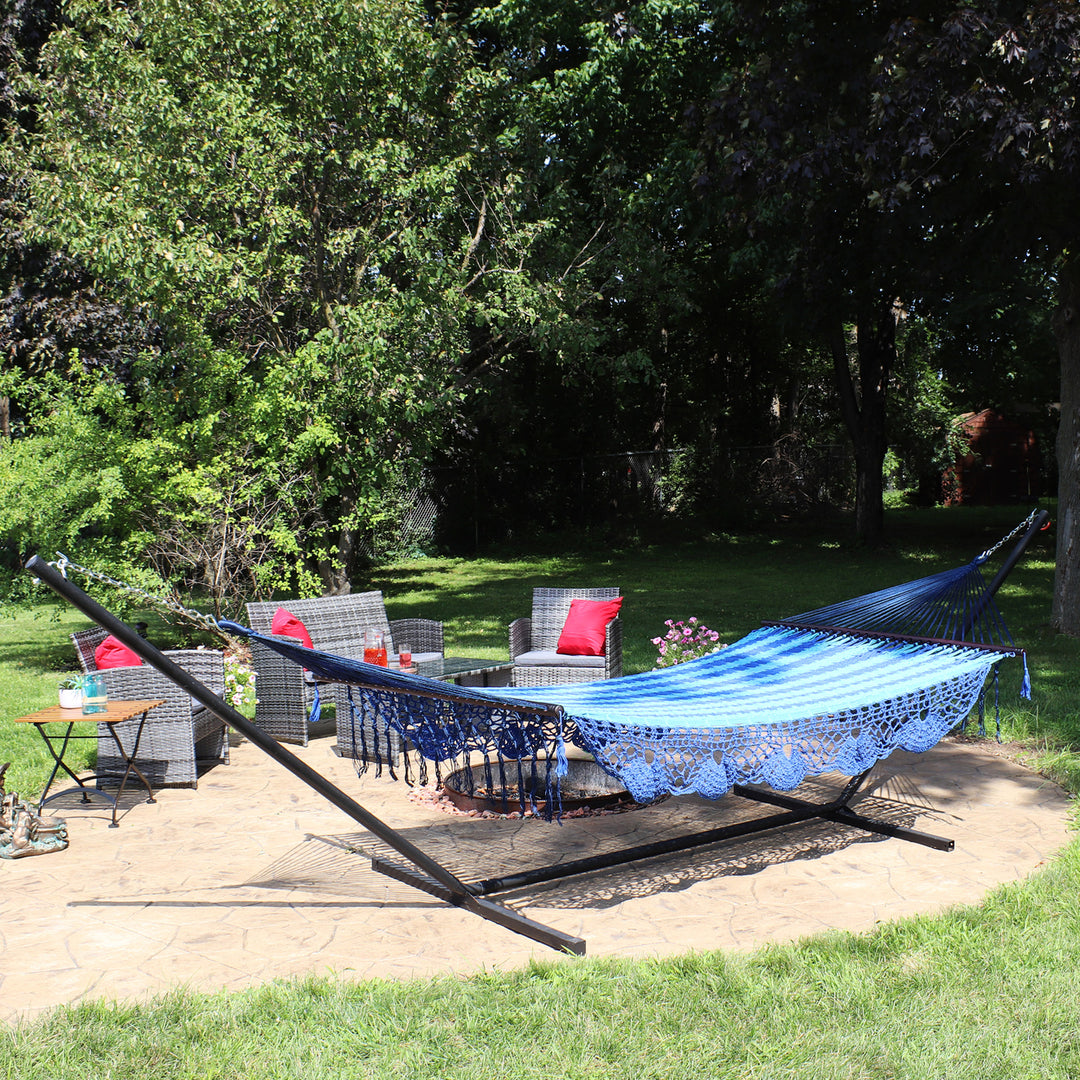 Sunnydaze 2-Person Cotton/Nylon Hammock with Steel Stand and Fringe - Blue Image 4