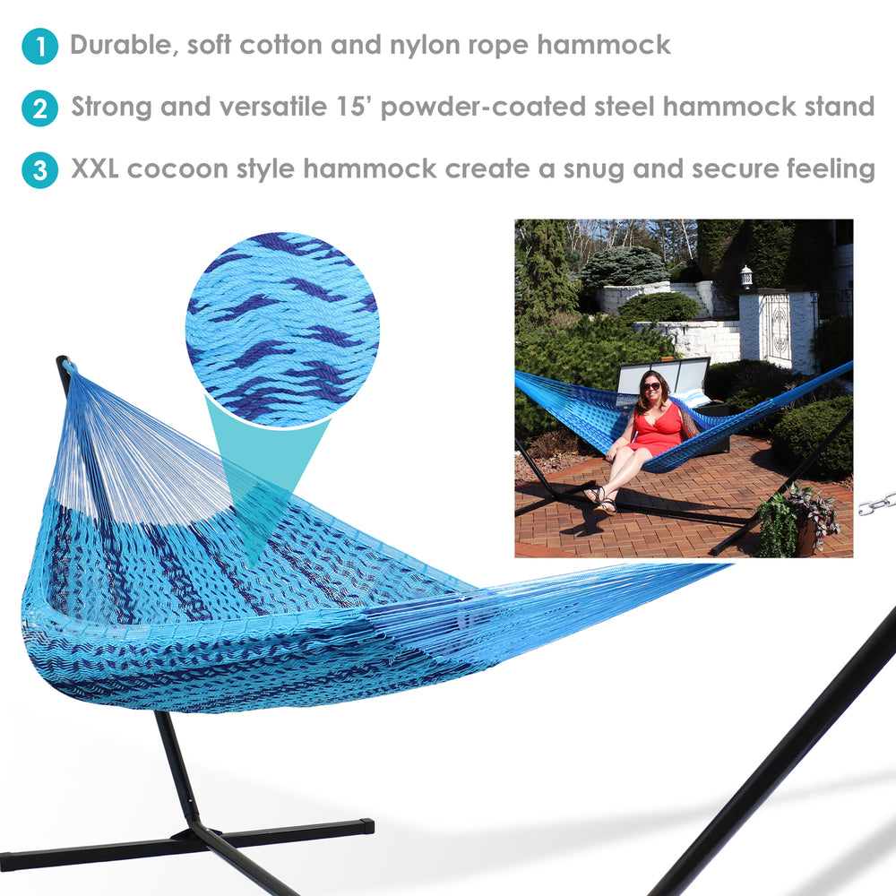 Sunnydaze 2-Person Woven Cotton/Nylon Hammock with Steel Stand - Blue Image 2