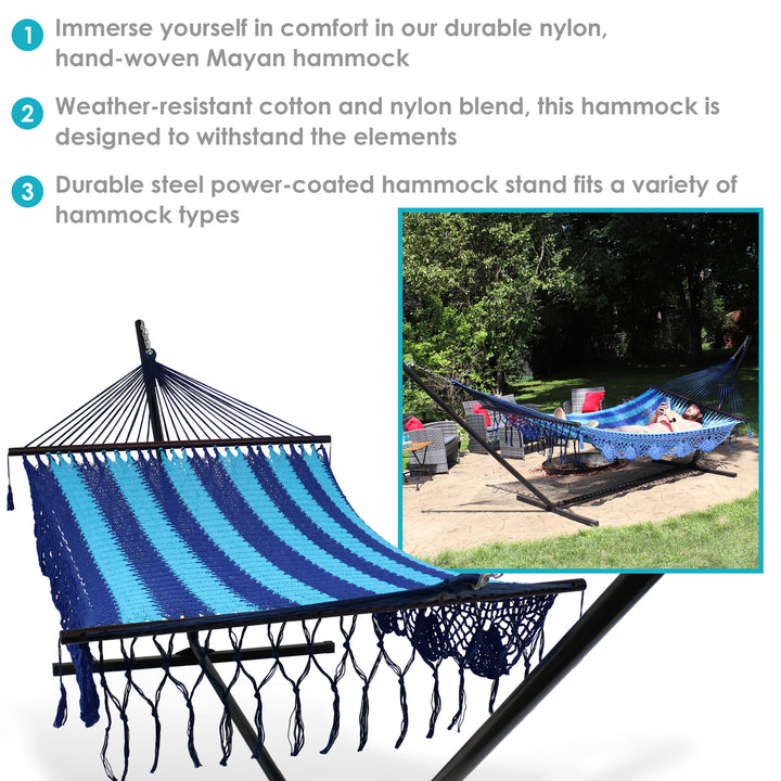 Sunnydaze 2-Person Cotton/Nylon Hammock with Steel Stand and Fringe - Blue Image 2